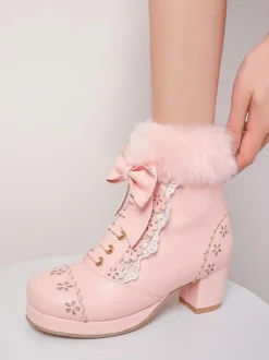 Sweet Lolita Bottes N艙uds Fausse Fourrure Évider Talon Chunky Chaussures Lolita