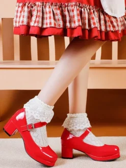 Sweet Lolita Chaussures Escarpins Lolita À Talon Épais En Cuir Pu Rouge Simple