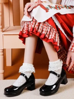 Sweet Lolita Chaussures Escarpins Lolita À Talon Épais En Cuir Pu Rouge Simple