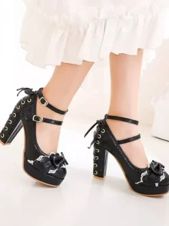 Sweet Lolita Footwear Arcs bout rond à lacets en cuir Synthétique Lolita Pompes
