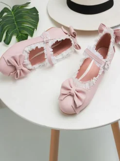 Sweet Lolita Footwear Bows Lace Toe Round Toe Synthétique Leather Lolita Pumps Déguisements Halloween