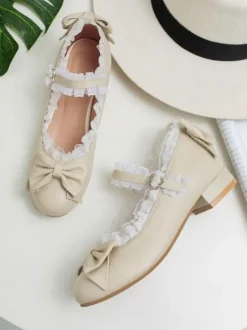 Sweet Lolita Footwear Bows Lace Toe Round Toe Synthétique Leather Lolita Pumps Déguisements Halloween