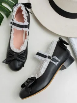 Sweet Lolita Footwear Bows Lace Toe Round Toe Synthétique Leather Lolita Pumps Déguisements Halloween