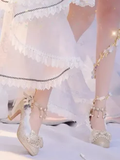Sweet Lolita Footwear Champagne Perles N艙uds Dentelle PU Cuir Chunky Talon Escarpins Lolita