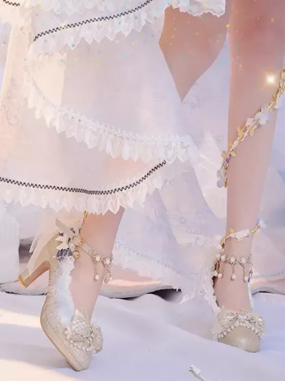 Sweet Lolita Footwear Champagne Perles N艙uds Dentelle PU Cuir Chunky Talon Escarpins Lolita