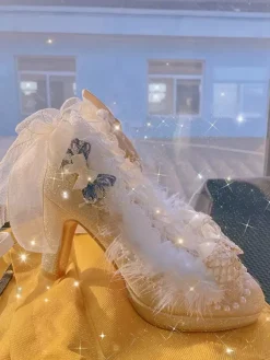 Sweet Lolita Footwear Champagne Perles N艙uds Dentelle PU Cuir Chunky Talon Escarpins Lolita