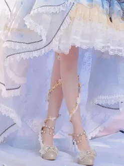 Sweet Lolita Footwear Champagne Perles N艙uds Dentelle PU Cuir Chunky Talon Escarpins Lolita
