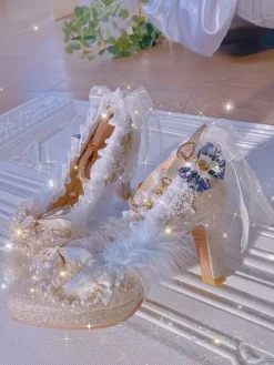 Sweet Lolita Footwear Champagne Perles N艙uds Dentelle PU Cuir Chunky Talon Escarpins Lolita
