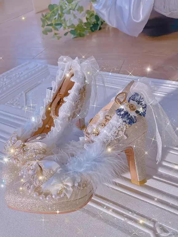 Sweet Lolita Footwear Champagne Perles N艙uds Dentelle PU Cuir Chunky Talon Escarpins Lolita