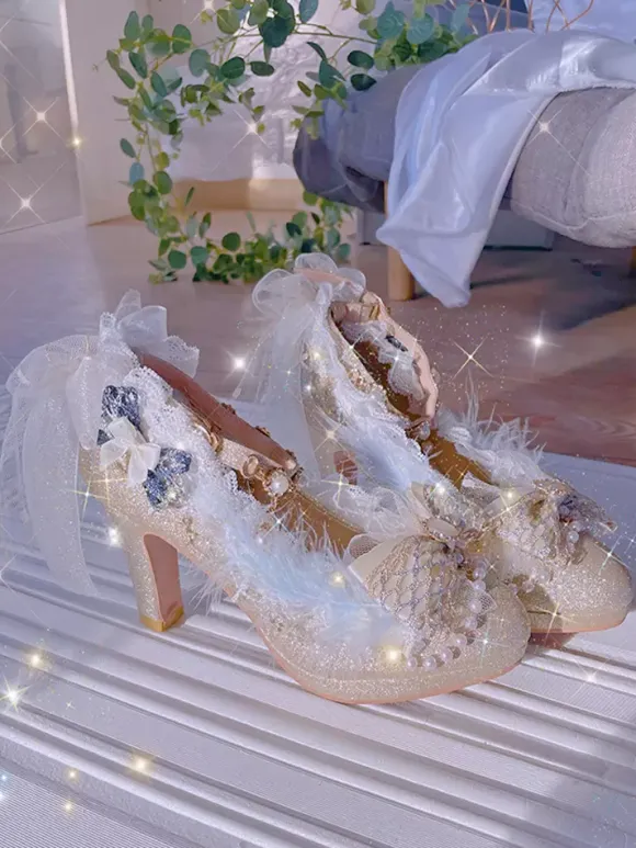 Sweet Lolita Footwear Champagne Perles N艙uds Dentelle PU Cuir Chunky Talon Escarpins Lolita