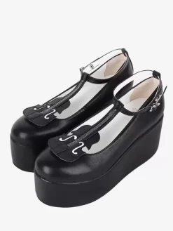 Sweet Lolita Footwear Chaussures Lolita noires à talons compensés en cuir PU avec sangle en T
