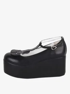 Sweet Lolita Footwear Chaussures Lolita noires à talons compensés en cuir PU avec sangle en T