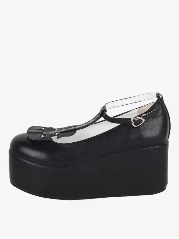 Sweet Lolita Footwear Chaussures Lolita noires à talons compensés en cuir PU avec sangle en T