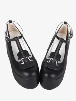 Sweet Lolita Footwear Chaussures Lolita noires à talons compensés en cuir PU avec sangle en T