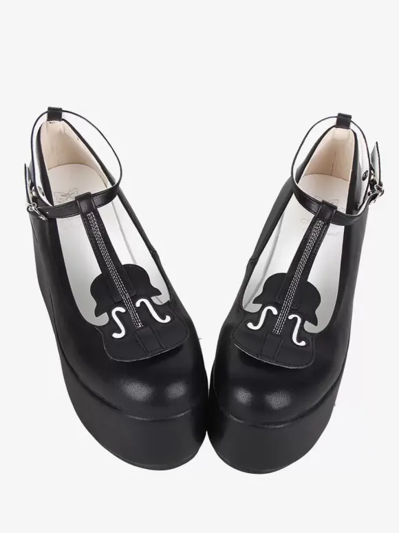 Sweet Lolita Footwear Chaussures Lolita noires à talons compensés en cuir PU avec sangle en T