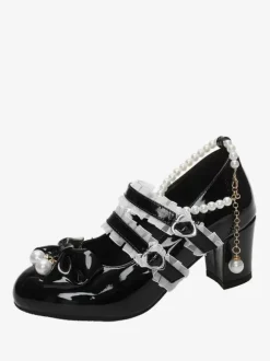 Sweet Lolita Footwear Chaînes noires Perles Volants Bout pointu Chaussures Lolita en cuir PU