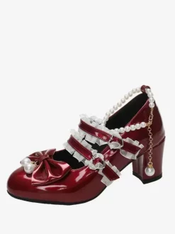 Sweet Lolita Footwear Chaînes noires Perles Volants Bout pointu Chaussures Lolita en cuir PU