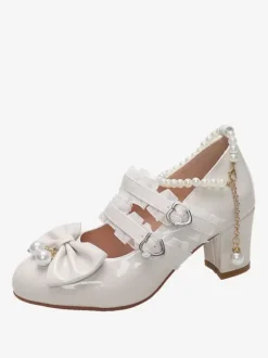 Sweet Lolita Footwear Chaînes noires Perles Volants Bout pointu Chaussures Lolita en cuir PU