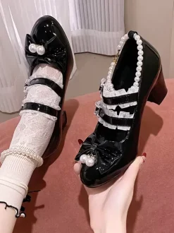 Sweet Lolita Footwear Chaînes noires Perles Volants Bout pointu Chaussures Lolita en cuir PU