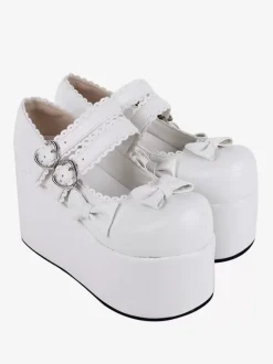 Sweet Lolita Footwear Escarpins Lolita en cuir PU à bout rond avec n艙uds blancs