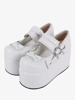 Sweet Lolita Footwear Escarpins Lolita en cuir PU à bout rond avec n艙uds blancs