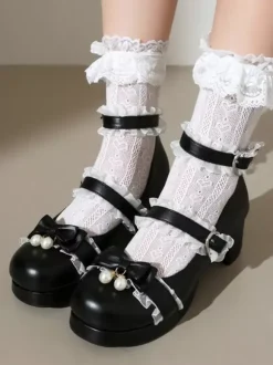 Sweet Lolita Footwear Escarpins Lolita en cuir PU à bout rond avec n艙uds roses