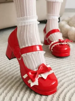 Sweet Lolita Footwear Escarpins Lolita à talons épais en cuir PU avec n艙uds noirs