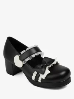 Sweet Lolita Footwear Escarpins Lolita à talons épais en cuir PU avec n艙uds noirs