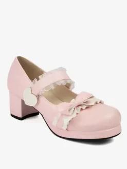 Sweet Lolita Footwear Escarpins Lolita à talons épais en cuir PU avec n艙uds noirs