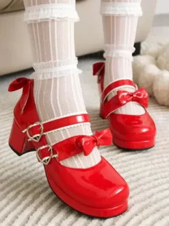 Sweet Lolita Footwear Escarpins Lolita à talons épais en cuir PU avec n艙uds noirs
