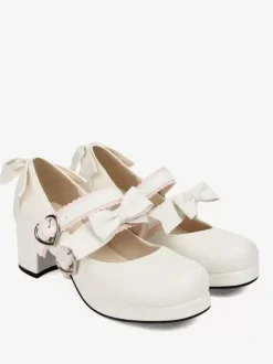 Sweet Lolita Footwear Escarpins Lolita à talons épais en cuir PU avec n艙uds noirs