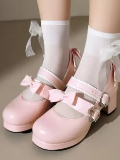 Sweet Lolita Footwear Escarpins Lolita à talons épais en cuir PU avec n艙uds noirs