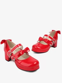 Sweet Lolita Footwear Escarpins Lolita à talons épais en cuir PU avec n艙uds noirs