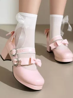 Sweet Lolita Footwear Escarpins Lolita à talons épais en cuir PU avec n艙uds noirs