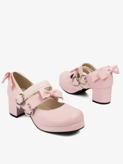 Sweet Lolita Footwear Escarpins Lolita à talons épais en cuir PU avec n艙uds noirs