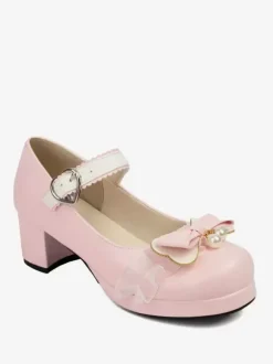 Sweet Lolita Footwear Escarpins Lolita à talons épais en cuir PU avec n艙uds roses