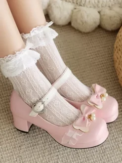 Sweet Lolita Footwear Escarpins Lolita à talons épais en cuir PU avec n艙uds roses