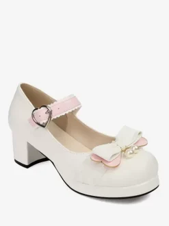 Sweet Lolita Footwear Escarpins Lolita à talons épais en cuir PU avec n艙uds roses