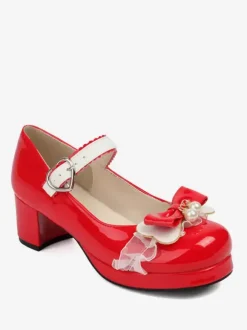 Sweet Lolita Footwear Escarpins Lolita à talons épais en cuir PU avec n艙uds roses
