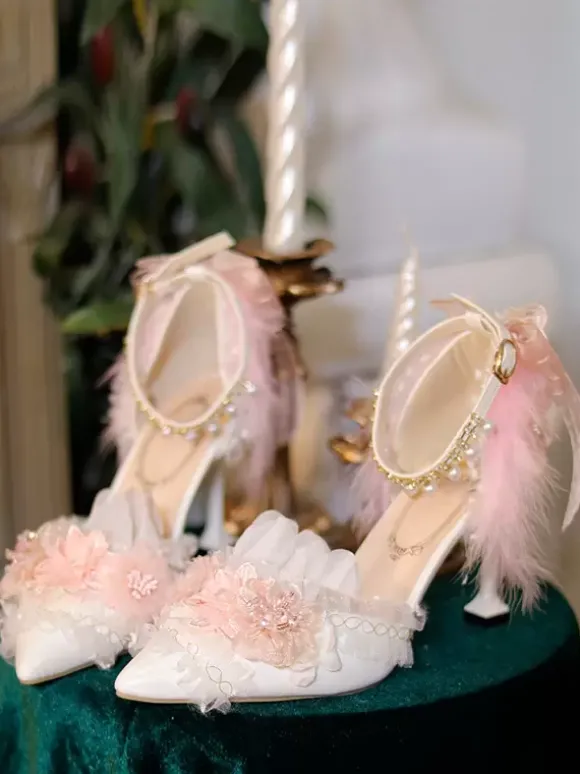 Sweet Lolita Footwear Fleurs blanches Chaînes Volants PU Cuir Talon aiguille Escarpins Lolita
