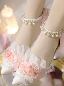 Sweet Lolita Footwear Fleurs blanches Chaînes Volants PU Cuir Talon aiguille Escarpins Lolita