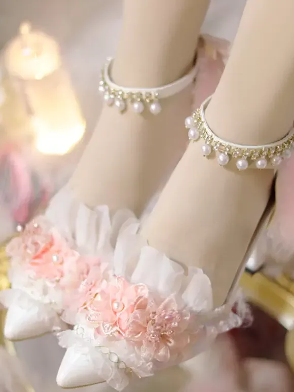 Sweet Lolita Footwear Fleurs blanches Chaînes Volants PU Cuir Talon aiguille Escarpins Lolita