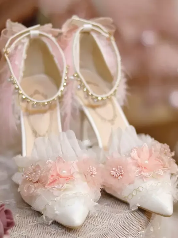 Sweet Lolita Footwear Fleurs blanches Chaînes Volants PU Cuir Talon aiguille Escarpins Lolita