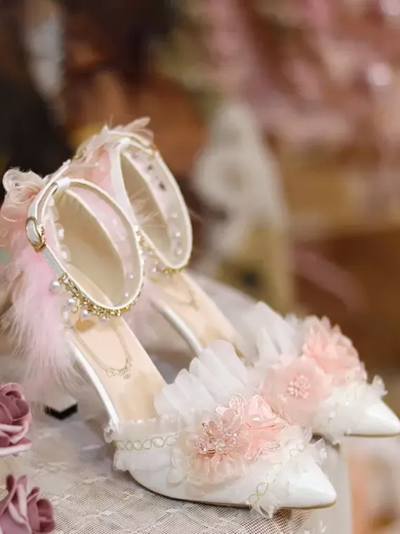 Sweet Lolita Footwear Fleurs blanches Chaînes Volants PU Cuir Talon aiguille Escarpins Lolita