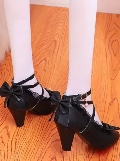 Sweet Lolita Footwear Pink Ruffles Bows Synthétique Leather Prism Heel Lolita Shoes Déguisements Halloween