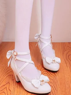 Sweet Lolita Footwear Pink Ruffles Bows Synthétique Leather Prism Heel Lolita Shoes Déguisements Halloween