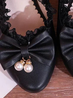 Sweet Lolita Footwear Pink Ruffles Bows Synthétique Leather Prism Heel Lolita Shoes Déguisements Halloween
