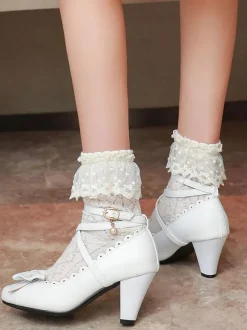 Sweet Lolita Footwear White Bows Synthétique Leather Prism Heel Lolita Shoes Déguisements Halloween