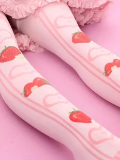Sweet Lolita bas velours rose fraise Lolita imprimé chaussettes hautes Déguisements Halloween