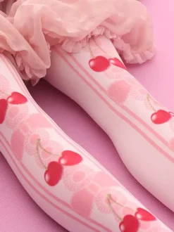 Sweet Lolita bas velours rose Lolita imprimé cerise chaussettes hautes Déguisements Halloween